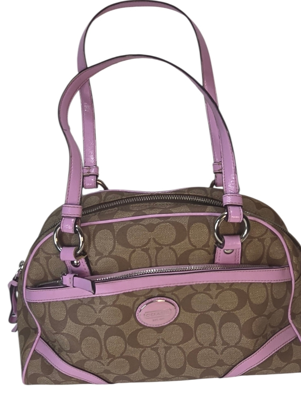  Signature Jacquard Satchel in a khaki and lilac (pink) colorway.